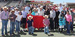 The winning connections of Yo Morning Delite accept the Governor’s Cup Stakes trophy at Wyoming Downs on Sunday.