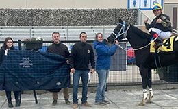 The winning connections of Aged Invitational Stakes winner, Miss Fancy Nancy, at Century Downs.