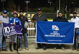 Santo Montemayor, Jr. with the PCQHRA Futurity stakes trophy, jockey Eduardo Nicasio, and trainer Adan-Farias in the winner's circle.