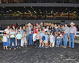The winning connections of Cowboys Flying accept the $541,000 Texas Breeders Futurity trophy at Sam Houston on Saturday.