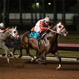 Stanley Cartel, under jockey Armando Cervantes, was a 1-3/4 length winner in the third Super Derby trial Sunday night.