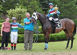 The winning connections of Lady Alice accept the $24,907 (US) Unclassified Never Better Than 79 St at Ajax Downs on Wednesday.