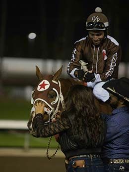 Cesar Franco after piloting Show N Tell Cartel to victory in the El Primero Del Ano Derby.