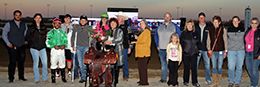The winning connections of Wrs Mynameisrip accept the $235,600 Miss Roxie Little Futurity [RG3] trophy at Horseshoe Indianapolis on Saturday.