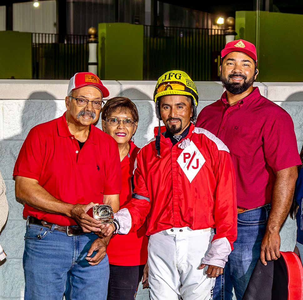 Tuckers Prize's owner/trainer Preston Jourdan with his wife Ella, son and assistant trainer Preston and jockey Ubaldo Luna