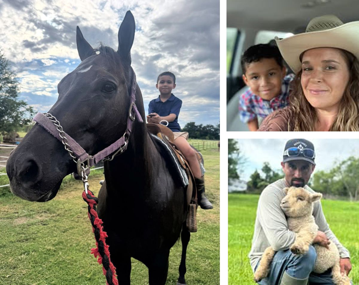 Ubaldo Luna, his wife Kristen St Amant and their son Landon enjoy life on the farm with Tuckers Prize.