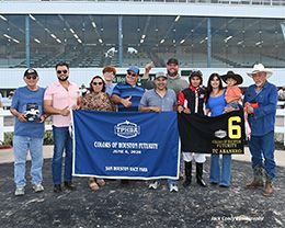 The winning connections of TC Abanero accept the $74,900 Colors of Houston Futurity trophy at Sam Houston Downs on Saturday.