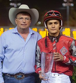Ed Burke Million Futurity winning trainer Monty Arrossa and jockey Armando Cervantes.