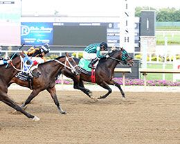 Heza Classy Cowboy, under jockey Luz Martinez, wins the opening trial on Monday at Horseshoe Indianapolis.