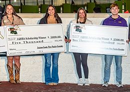 Ella Martin ($5,000), Kelsi Miller ($5,000), Hannah LeBlance ($2,500) and Jack Price ($2,500) accept their LQHBA Scholarship Awards on December 21 at Evangeline Downs.