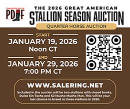 The PDJF Quarter Horse Stallion Auction is online at www.salering.net and will run through January 28, 2025.