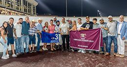 LQHBA Executive Director Bruce Salard presents the winning connections of Rf Fast Dash N Blood the LQHBA Sale Futurity Stakes trophy at Delta Downs on Saturday.