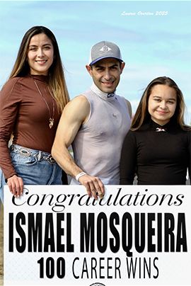 Ismael Mosqueira with his fiancé Lupita Garcia and daughter Mikayla Mosqueira after reaching his 100th Quarter Horse victory aboard Jezabella.