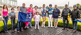 The winning connections of Franny B Dove accept the $100,000 Mardi Gras Oaks trophy at Louisiana Downs on Friday.