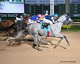Determined, ridden by Raul Hernandez Jr., closes with a powerful late rally to capture the Grade 3 Sam Houston 550 Stakes at Sam Houston Race Park on June 13.