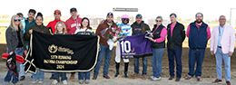 The winning connections of Mr Michel accept the $113,200 Indiana Championship Stakes trophy at Horseshoe Indianapolis on Saturday.
