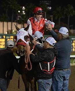 The Willis' team congratulate jockey Justine Klaiber following their Los Alamitos Oaks victory.
