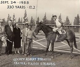 Robert Strauss in the 1955 PCQHRA Futurity winner's circle with Go Man Go at Los Alamitos.