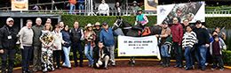The winning connections of Pacific Surfliner accept the John Deere Juvenile Challenge trophy on Sunday at the Hipodromo de las Americas.