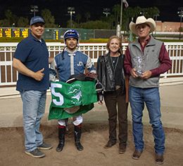 One Sweet Duck’s winning connections in the Virginia Hyland Stakes at Los Alamitos.