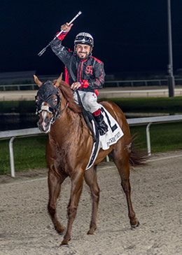 Reletless Politics and jockey Jorge Javier Garcia return following their win in Grade 2 Firecracker Futurity.