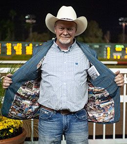 Terry Saxton showcases his one-of-a-kind racing jaket.