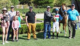 The winning connections of Pretty Runwasy accept the $28,845 Ontario Sires Stakes Maturity trophy at the Ajax Downs on Sunday.