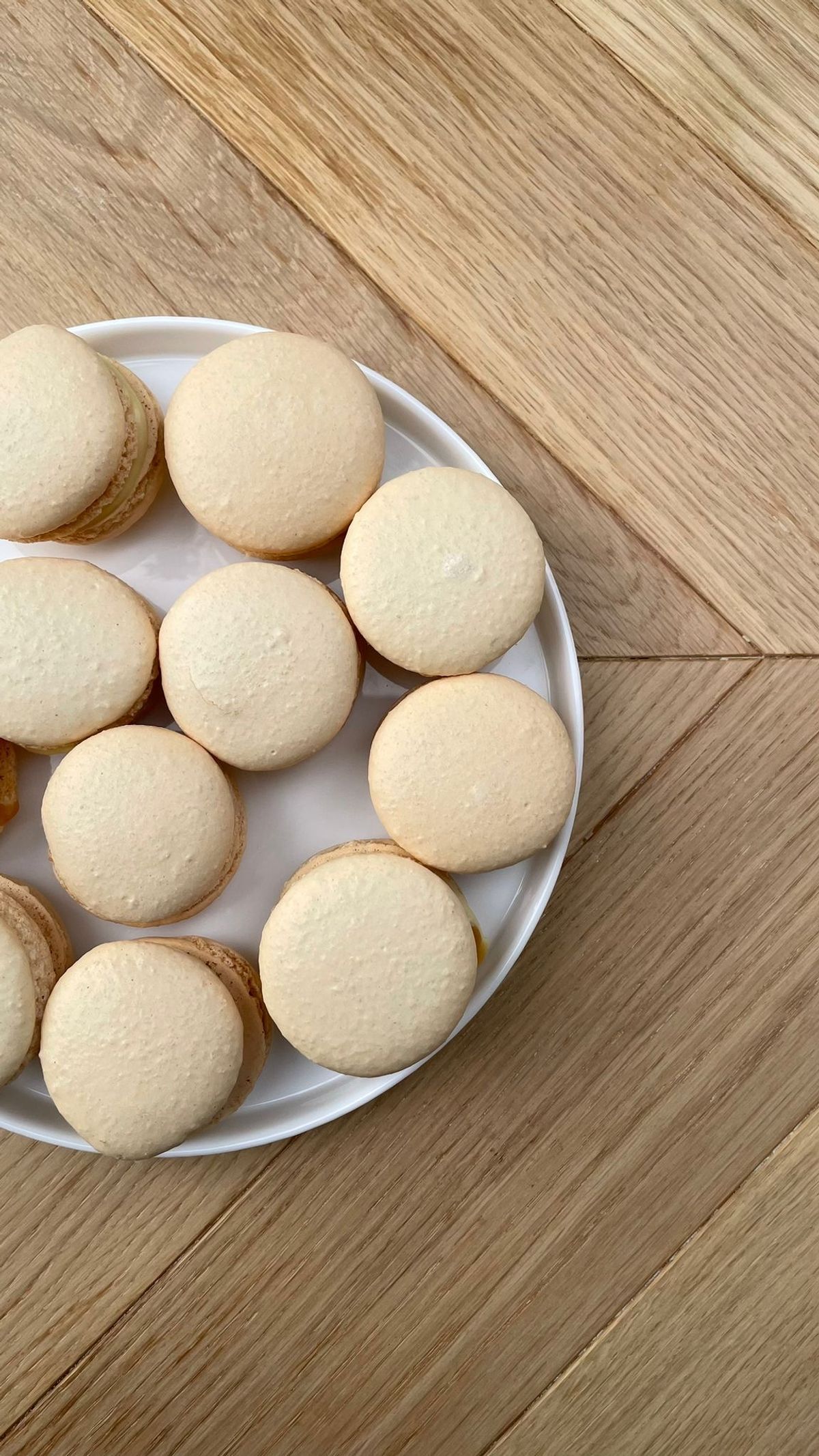 White chocolate salted caramel macarons with smooth almond shells arranged on a white plate over a wooden table.