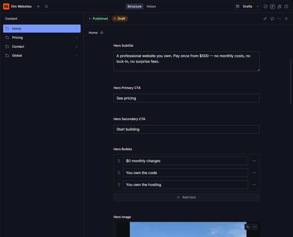 Elm Websites Sanity Studio — Home page hero fields