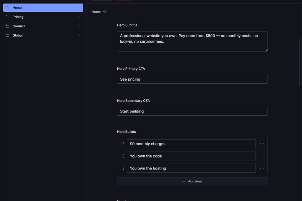 Elm Websites Sanity Studio — Home page hero fields