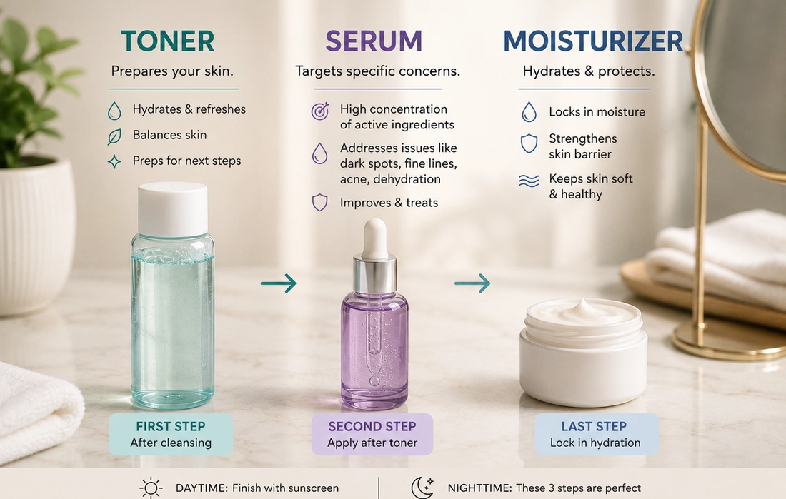The Difference Between Toner, Serum, and Moisturizer (Explained Simply)