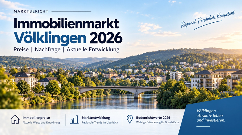 Fiktive Stadtlandschaft mit Wohngebäuden, Fluss und Brücke als Symbolbild für den Immobilienmarkt in Völklingen 2026.