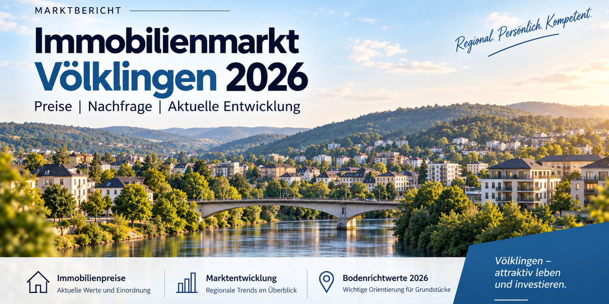 Fiktive Stadtlandschaft mit Wohngebäuden, Fluss und Brücke als Symbolbild für den Immobilienmarkt in Völklingen 2026.