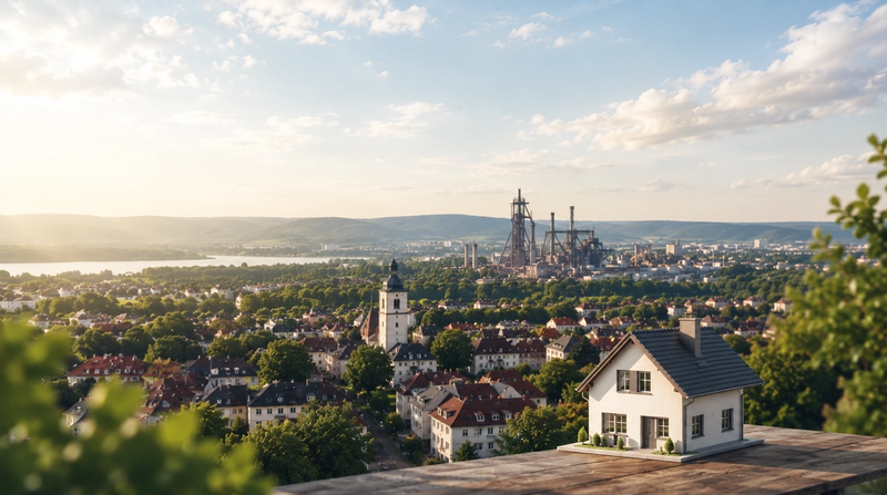 Hausmodell vor einer Stadtansicht im Saarland mit Wohngebieten und Industrieanlagen. Symbolbild für die Entwicklung des Immobilienmarkts im Saarland 2026