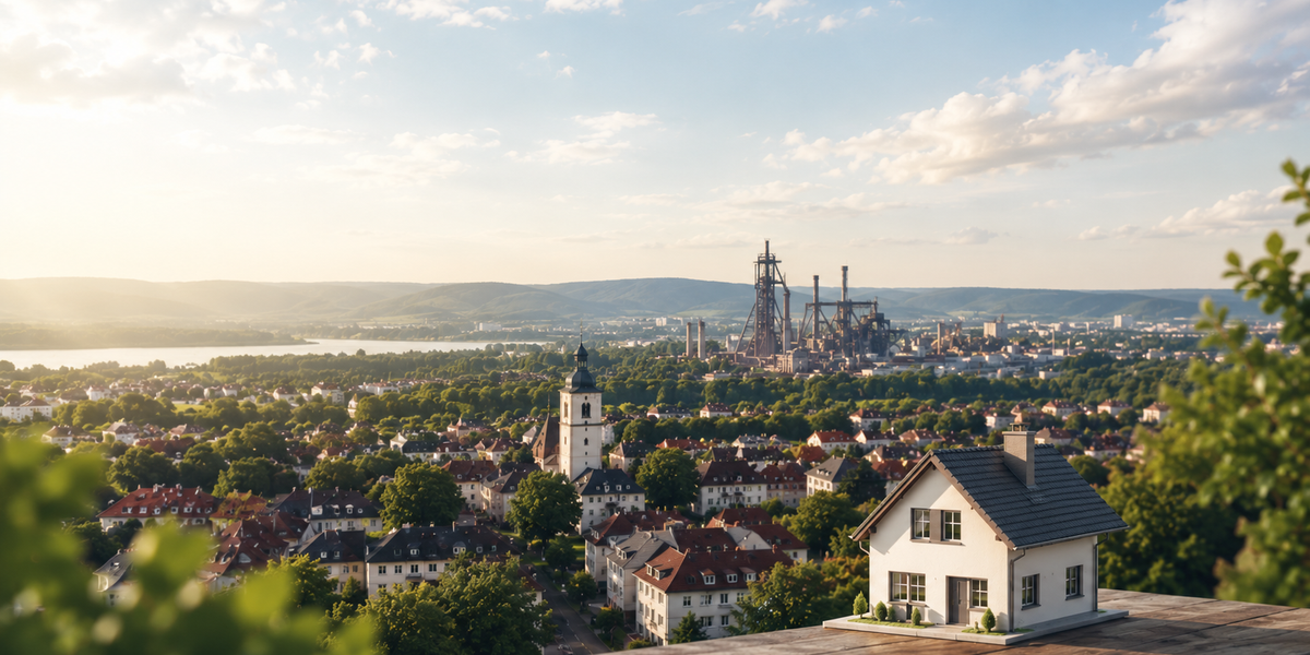 Hausmodell vor einer Stadtansicht im Saarland mit Wohngebieten und Industrieanlagen. Symbolbild für die Entwicklung des Immobilienmarkts im Saarland 2026