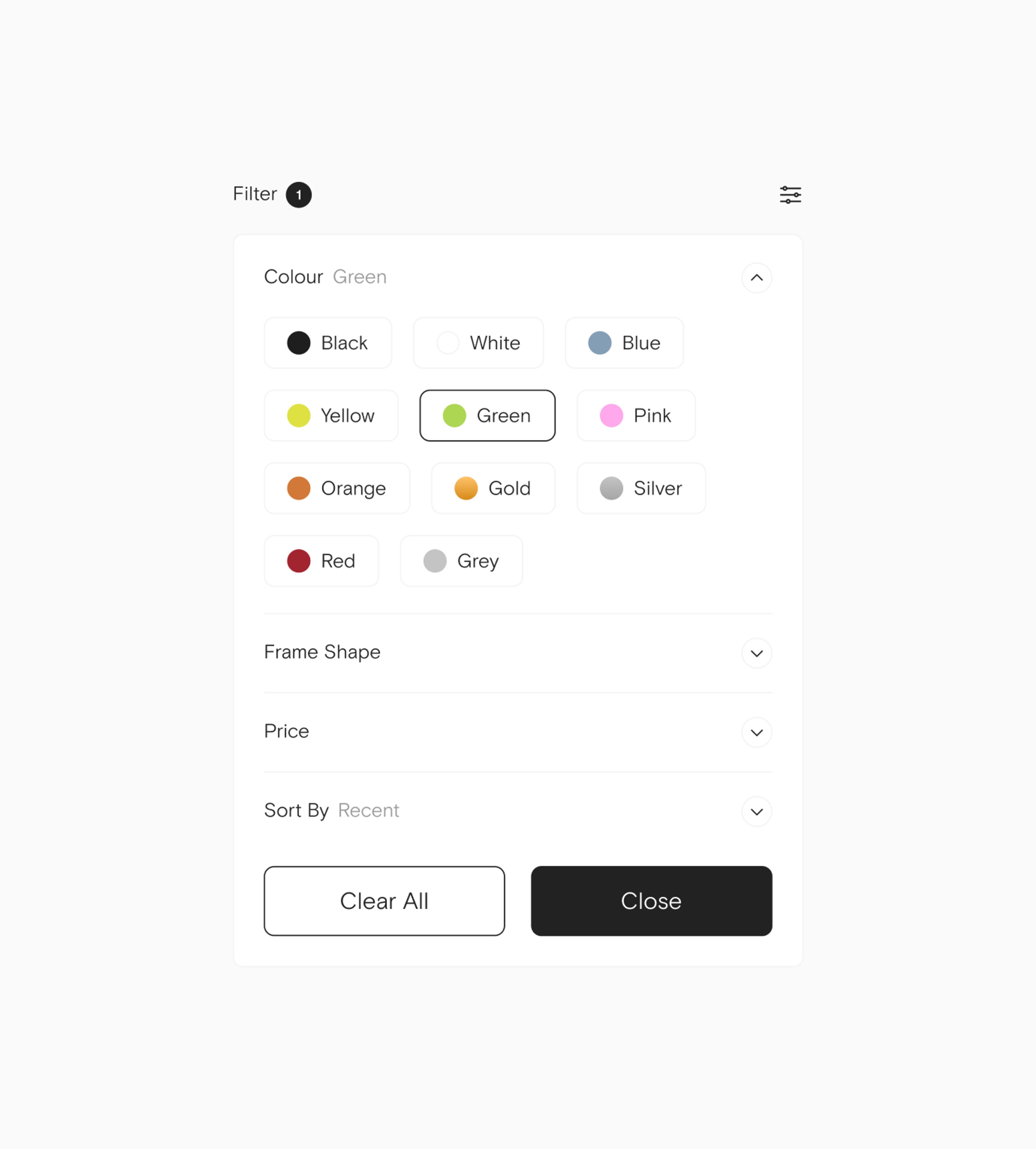 Image of the filtering system found on the product listing page on Atrium