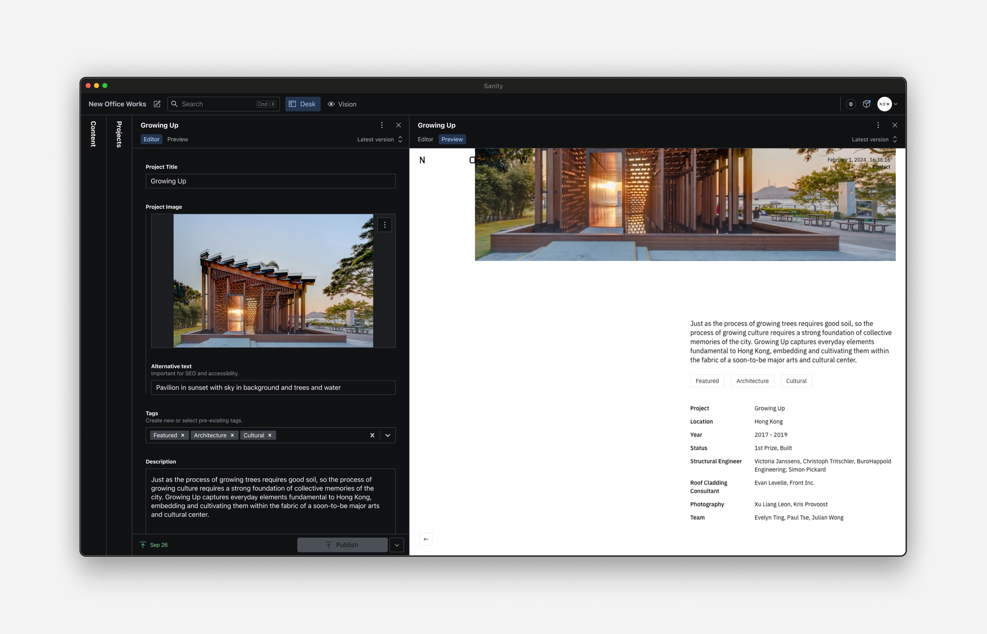 Screenshot of NOW's backend content management system which uses Sanity