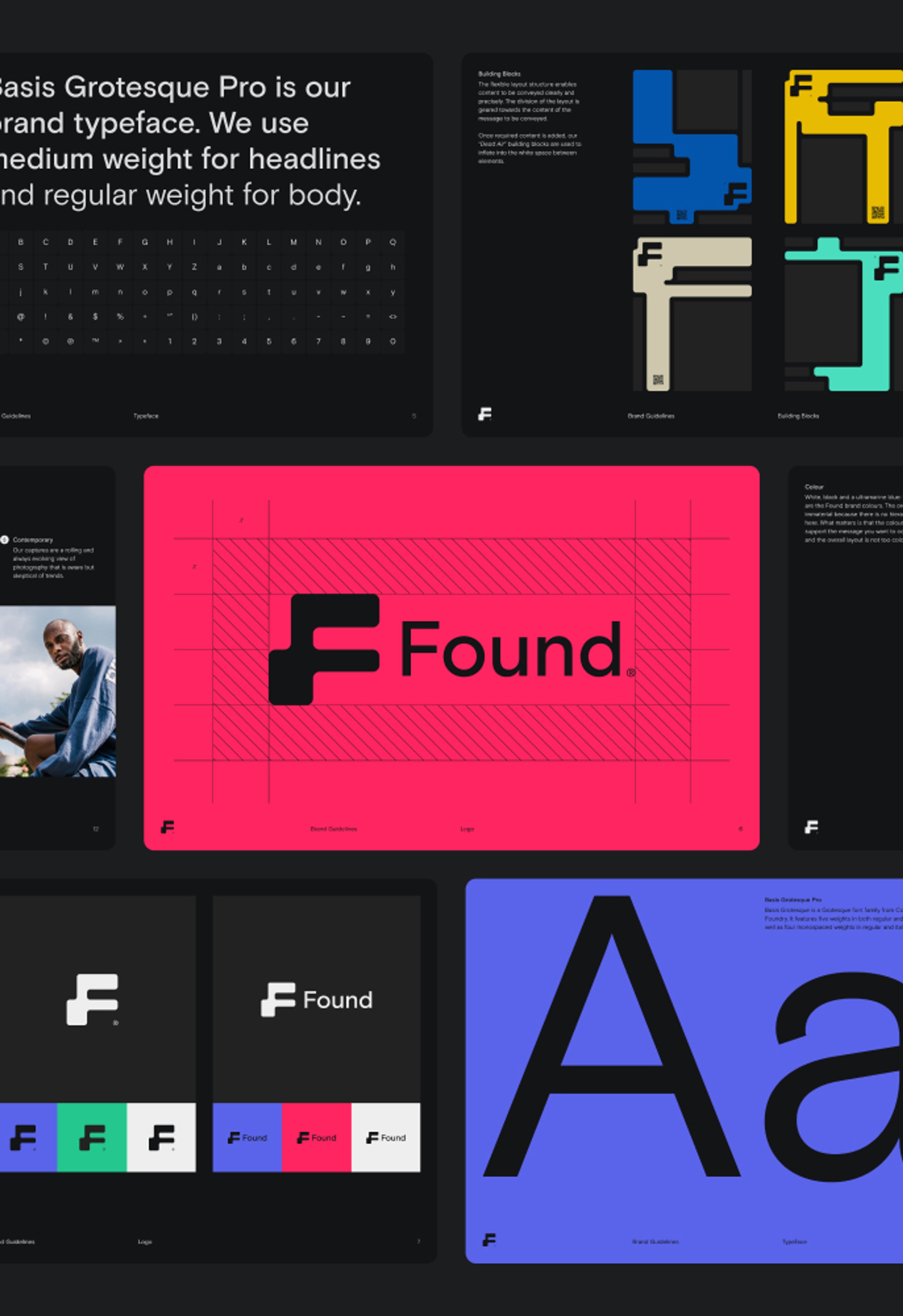 Various slides from the Found branding guidelines
