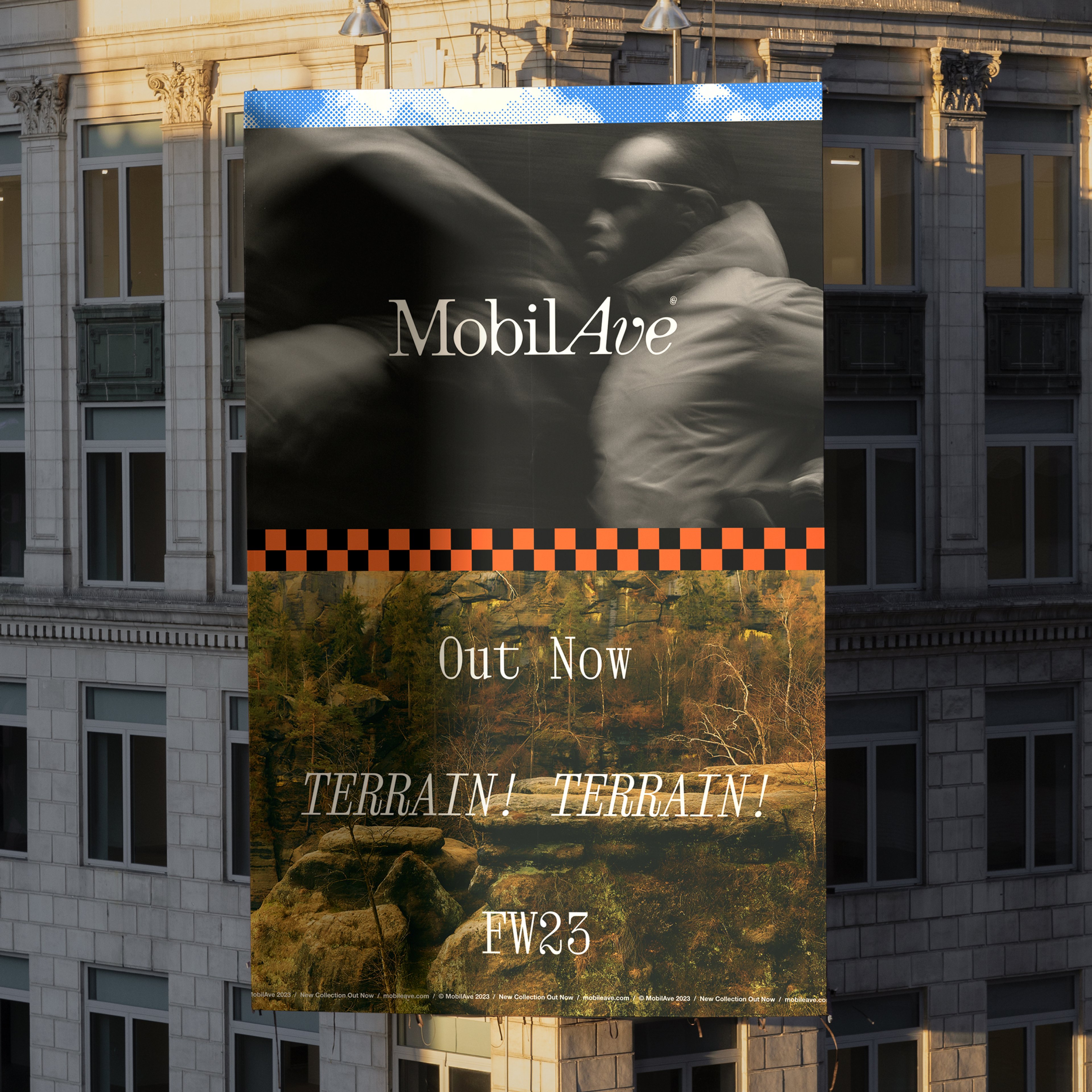 A billboard advertisement in New York City for the new Mobile Ave Fall Winter 2023 collection