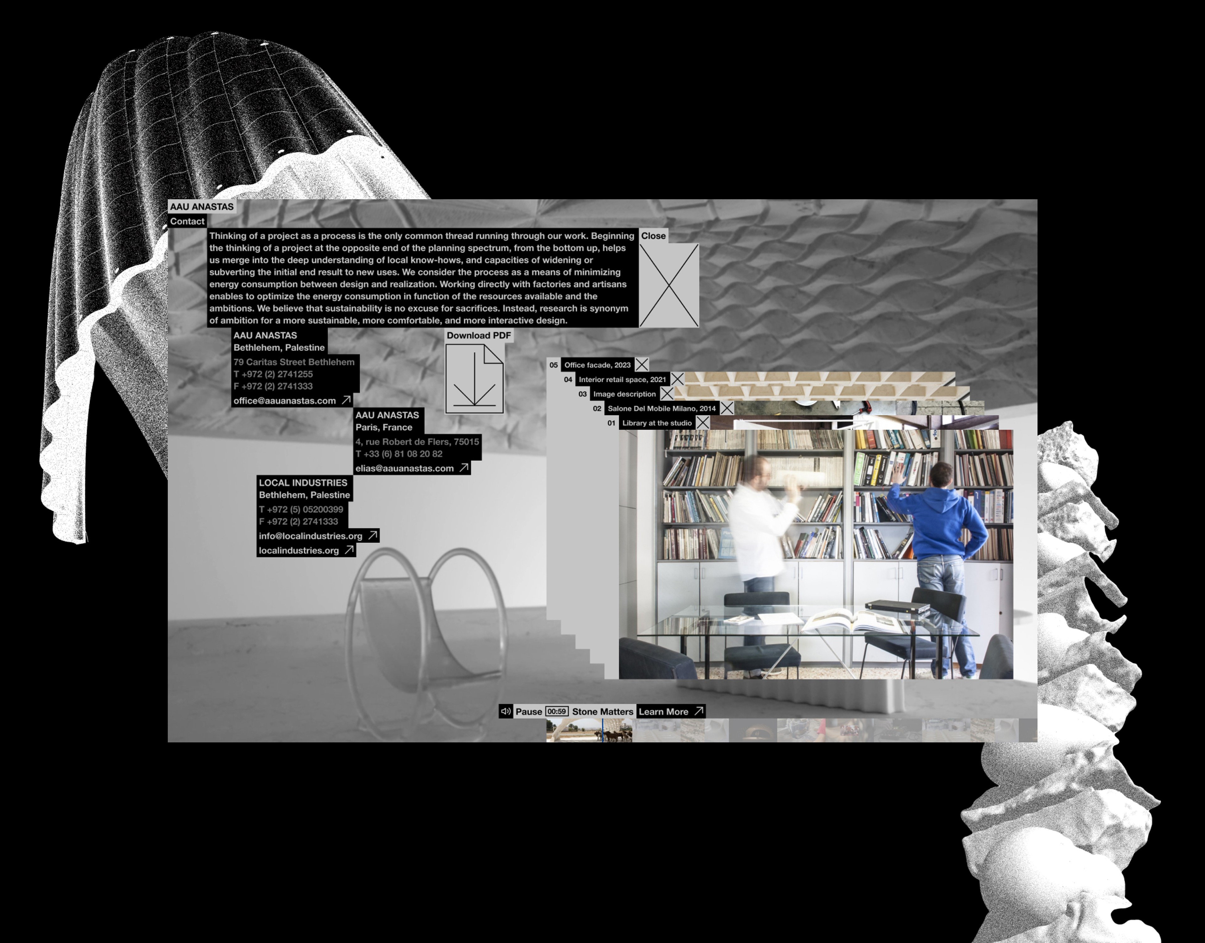 Image showing screenshot of AAU Anastas website with their architectural illustrations in the background