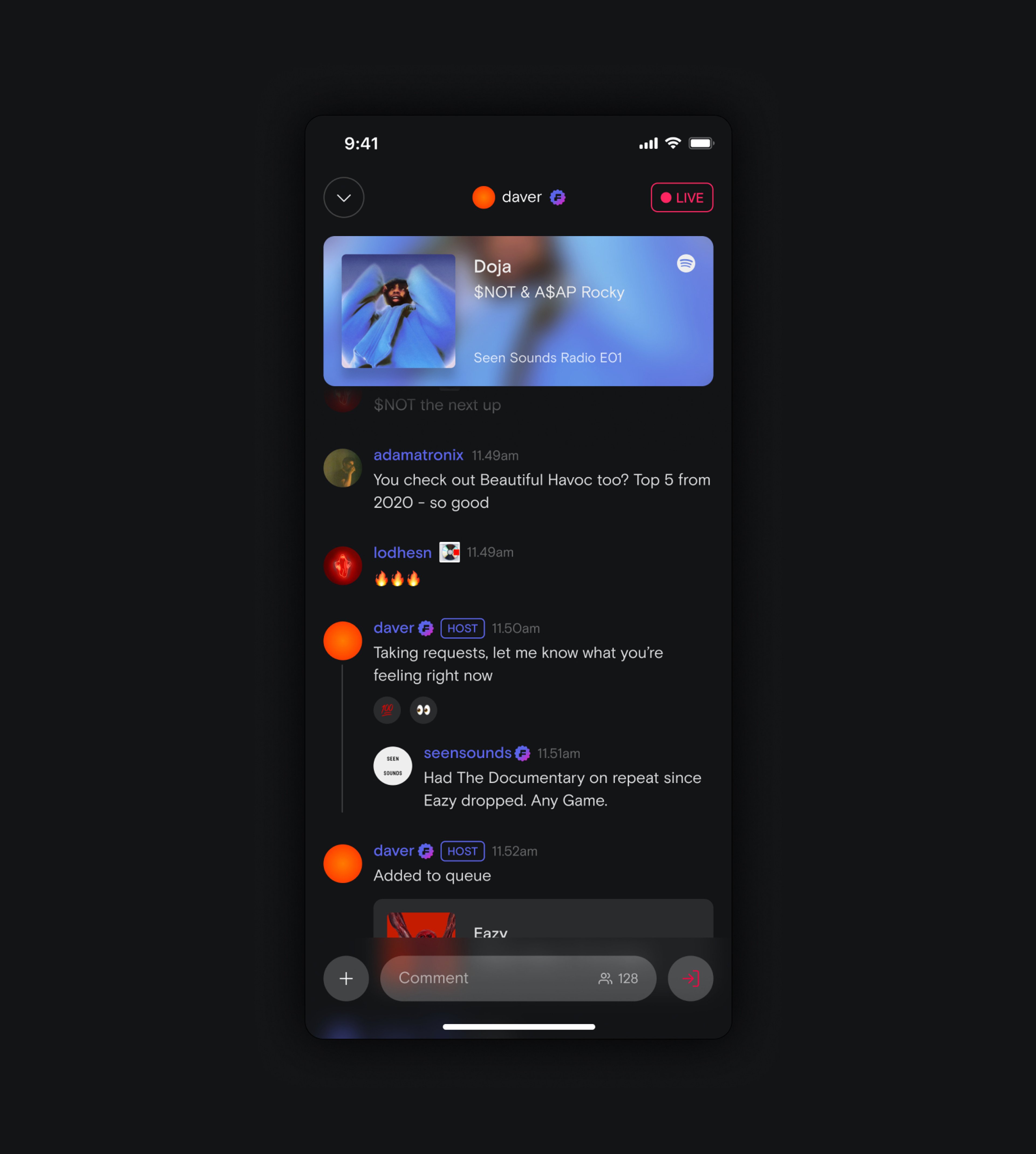 Screenshot of the live streaming screen showing different comments from users reacting to the live show
