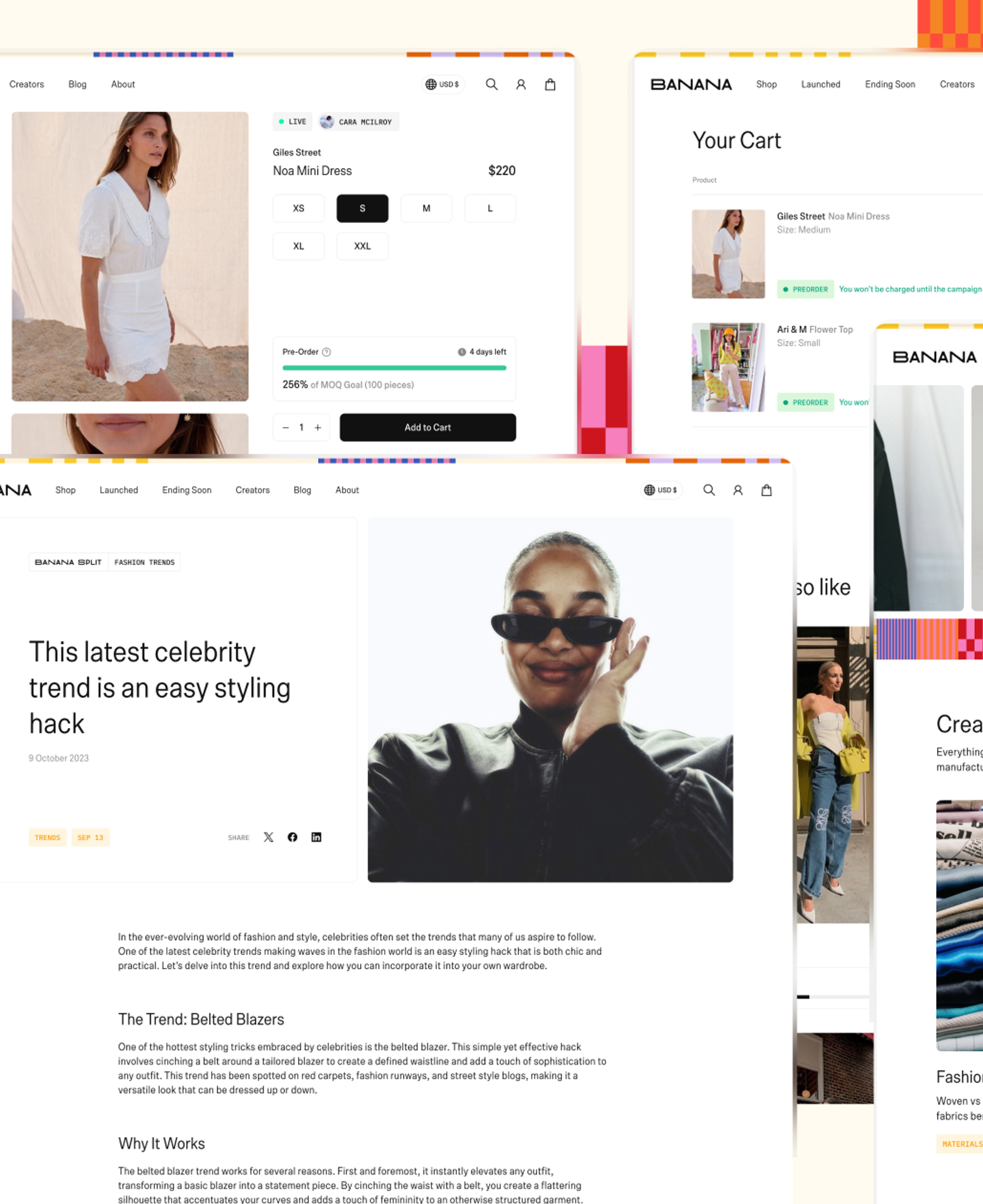 Image of various screenshots of different pages from the Banana site including a blog article, product description page, cart, and blog homepage