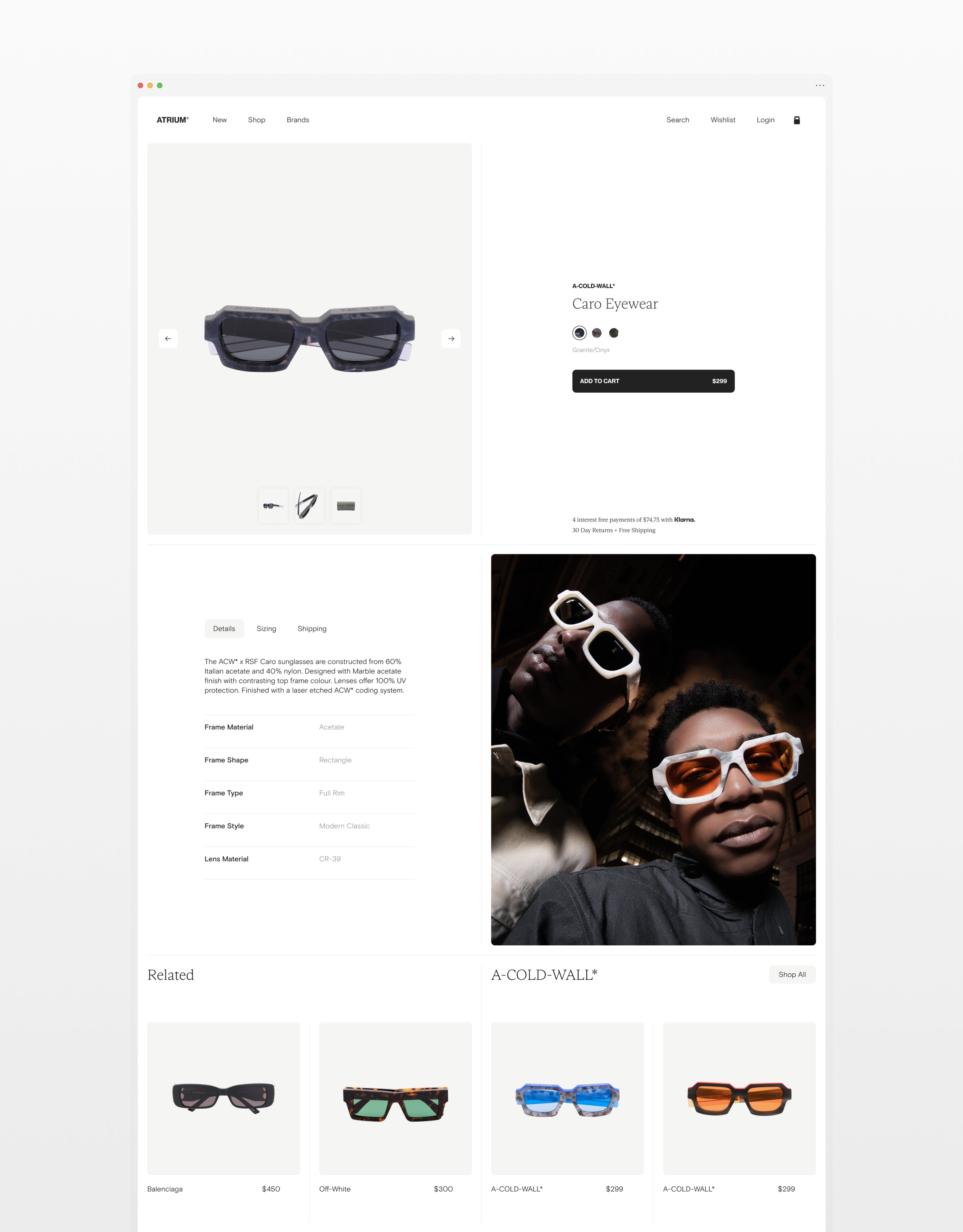Image of the product description page on Atrium showing a pair of A-COLD-WALL* sunglasses