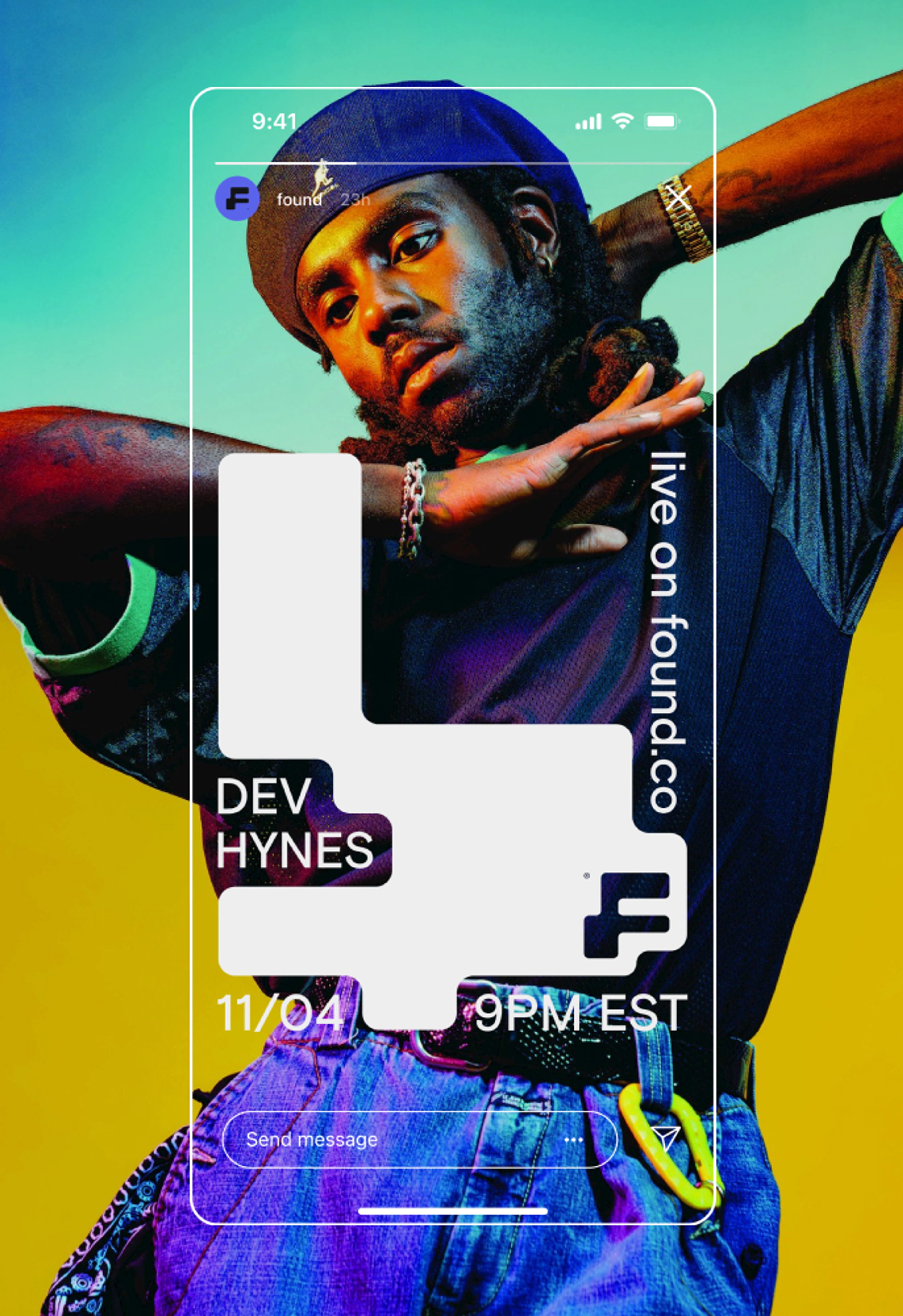 Graphic of Dev Hynes in the background with a white outlined version of the Found app overlayed