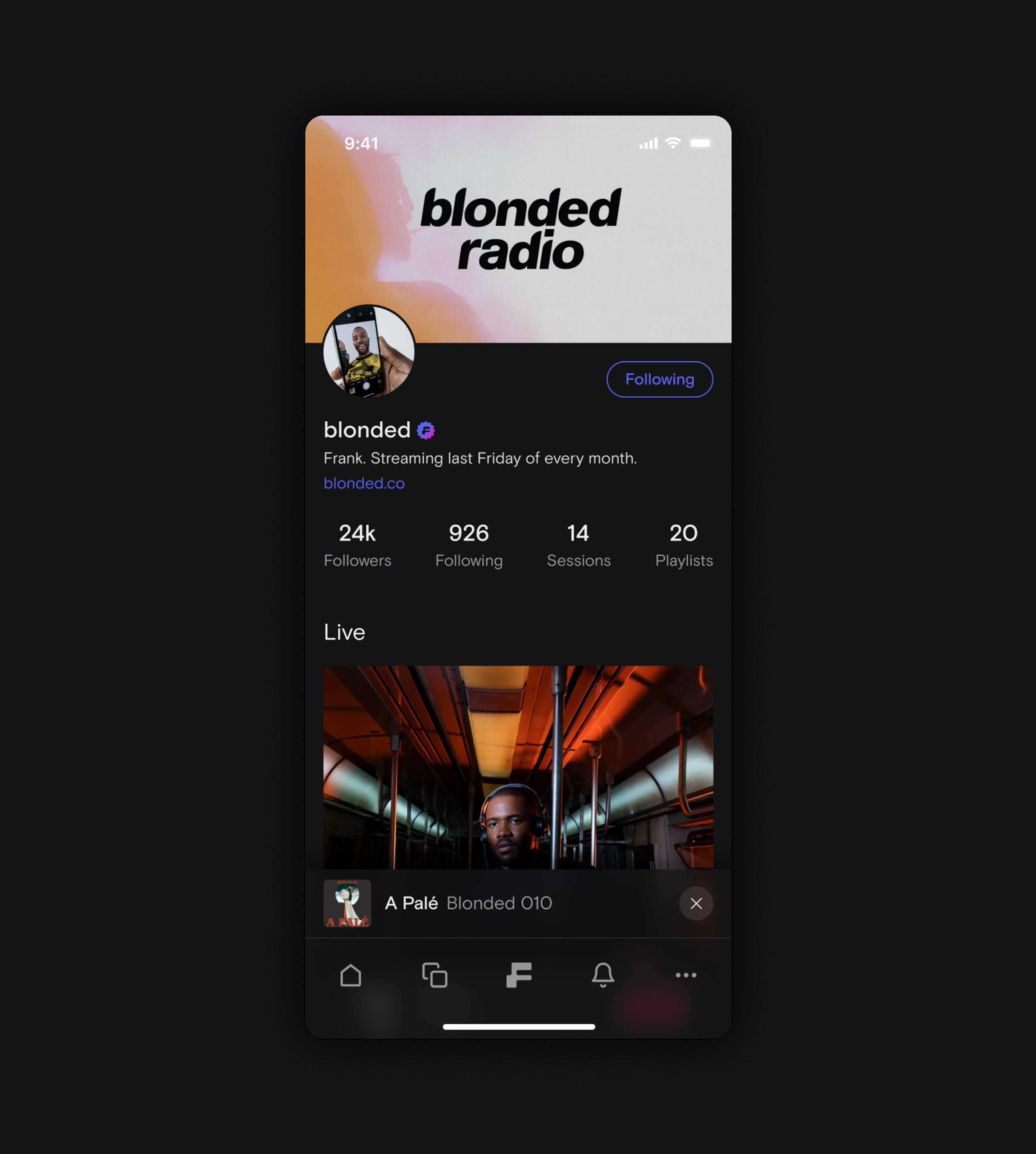 Screenshot of the profile page for a specific artists or DJ. This profile is for the user "blonded" showing their follow count and other analytics as well as their latest stream.