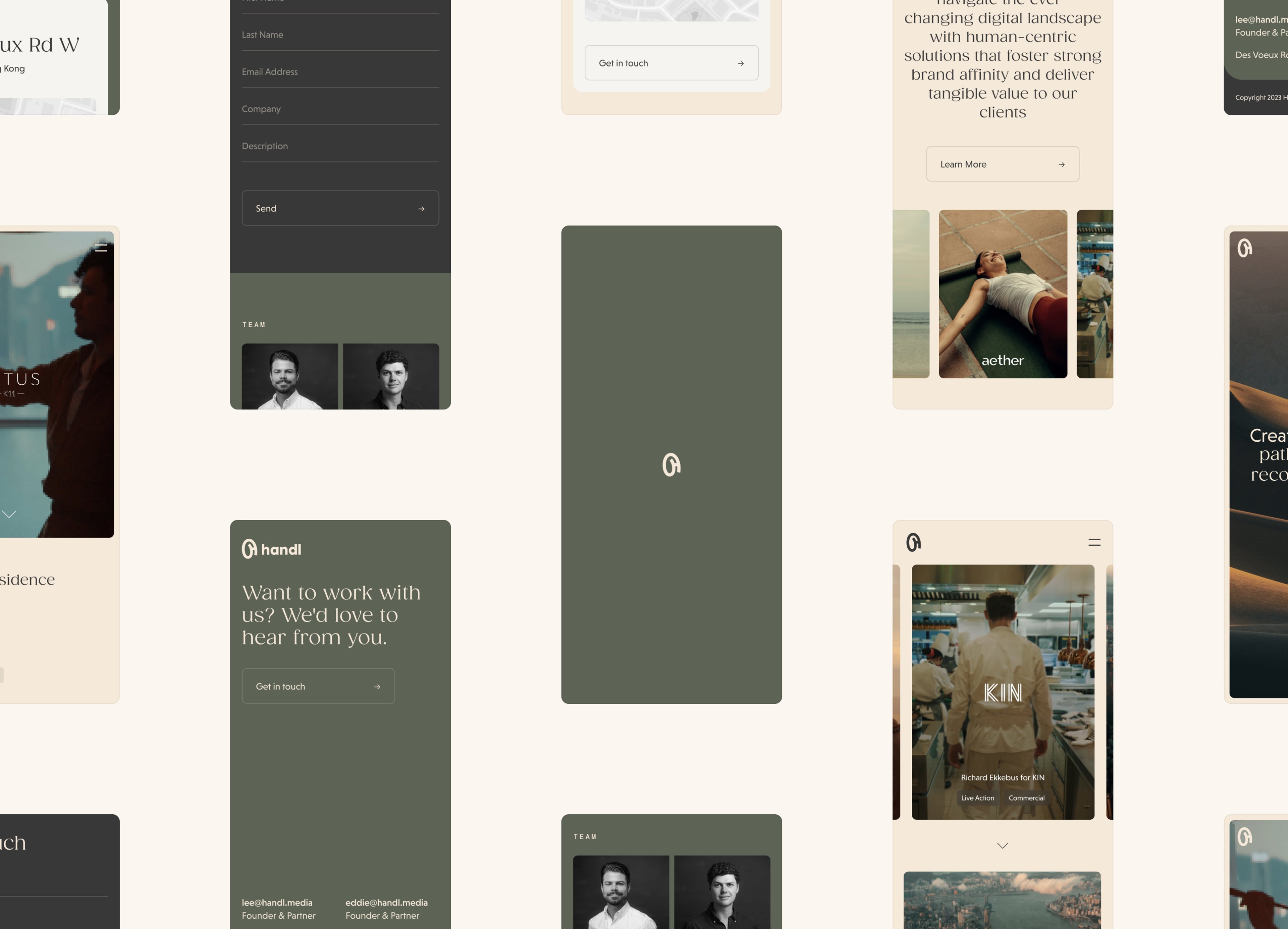 Image shows the different mobile website screens we created for Handl.