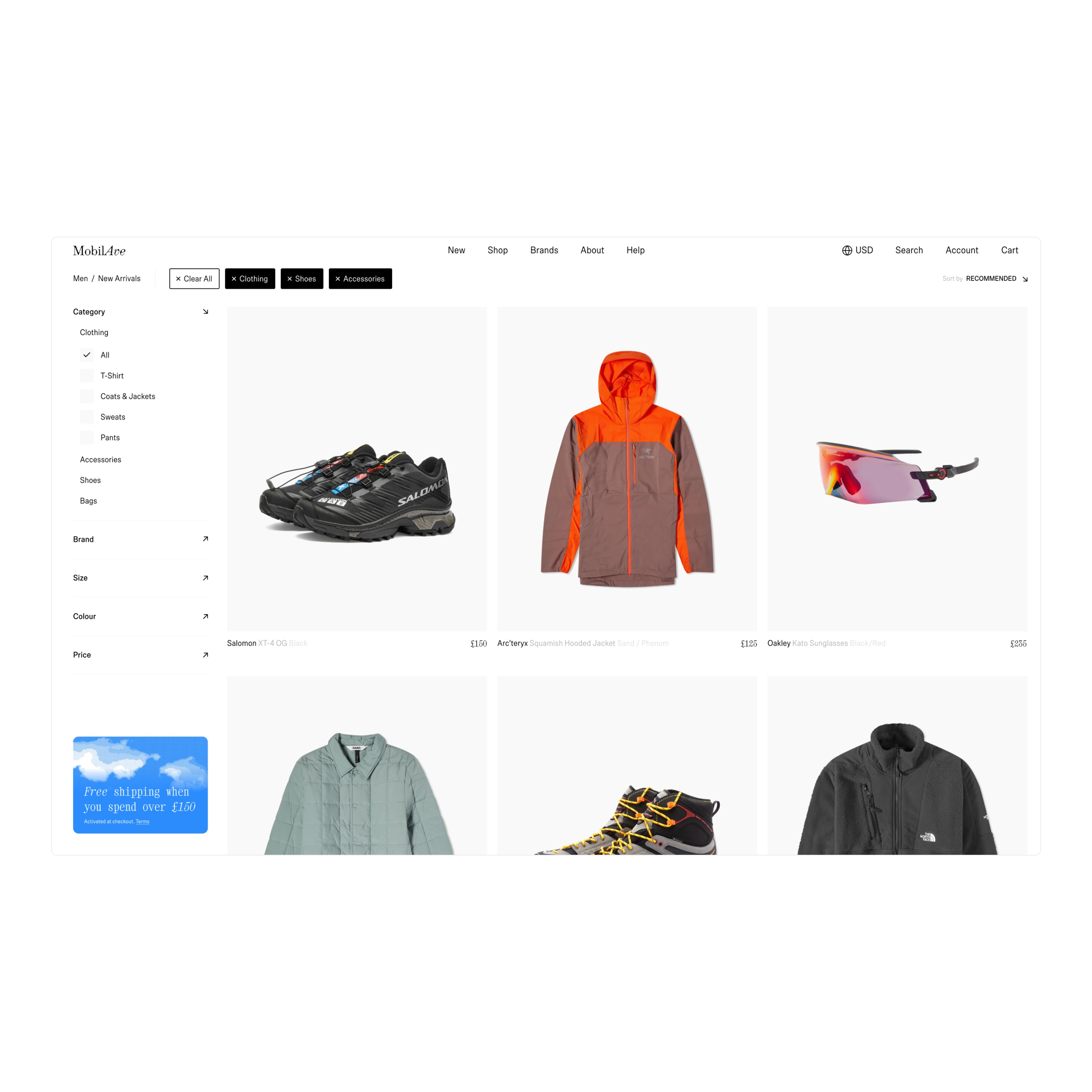 A screenshot of the desktop ecommerce product listing page of athletic brand "Mobil Ave"