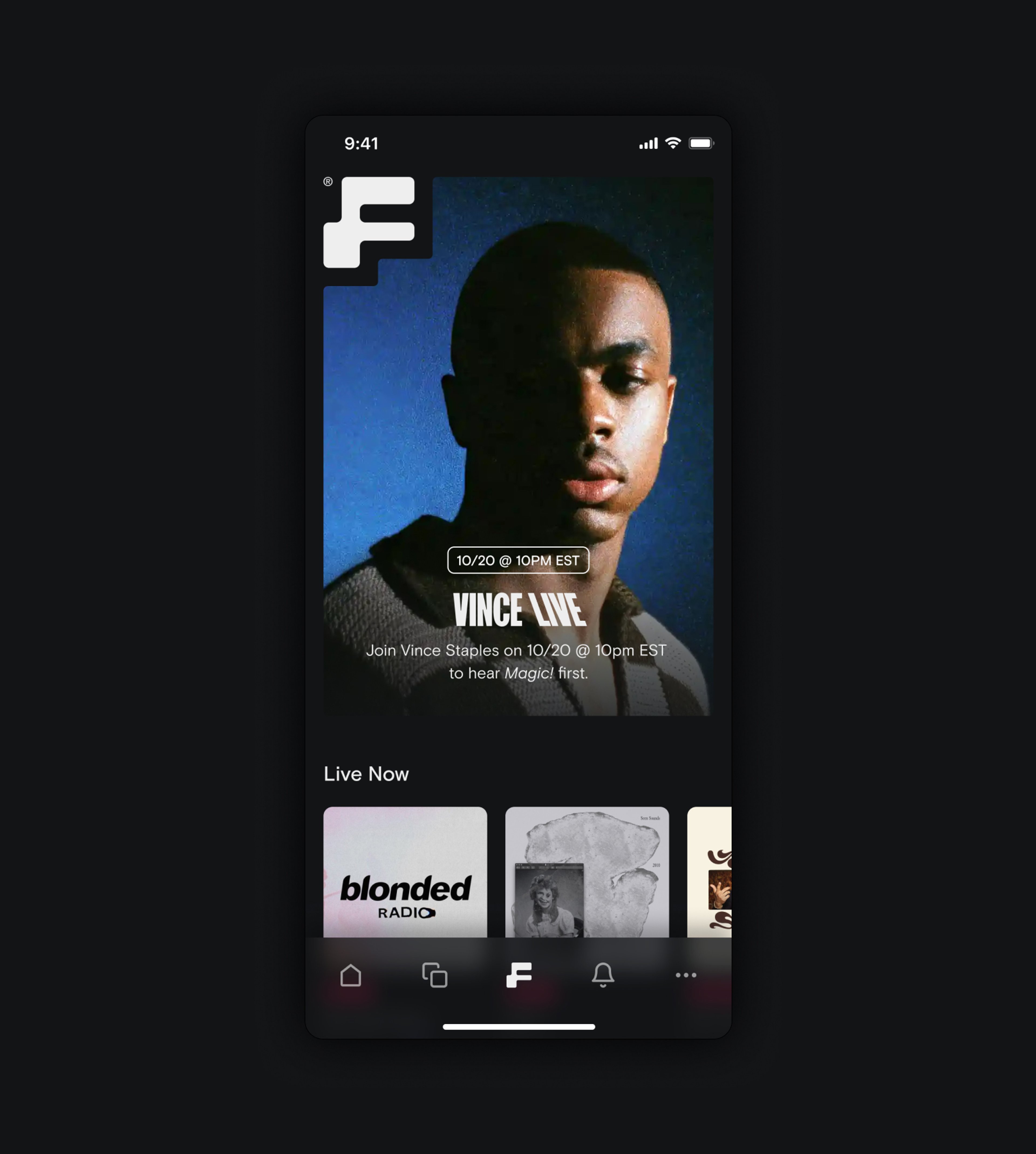 Screenshot of the homescreen of the iOS app showing the featured upcoming event of Vince Staples live stream