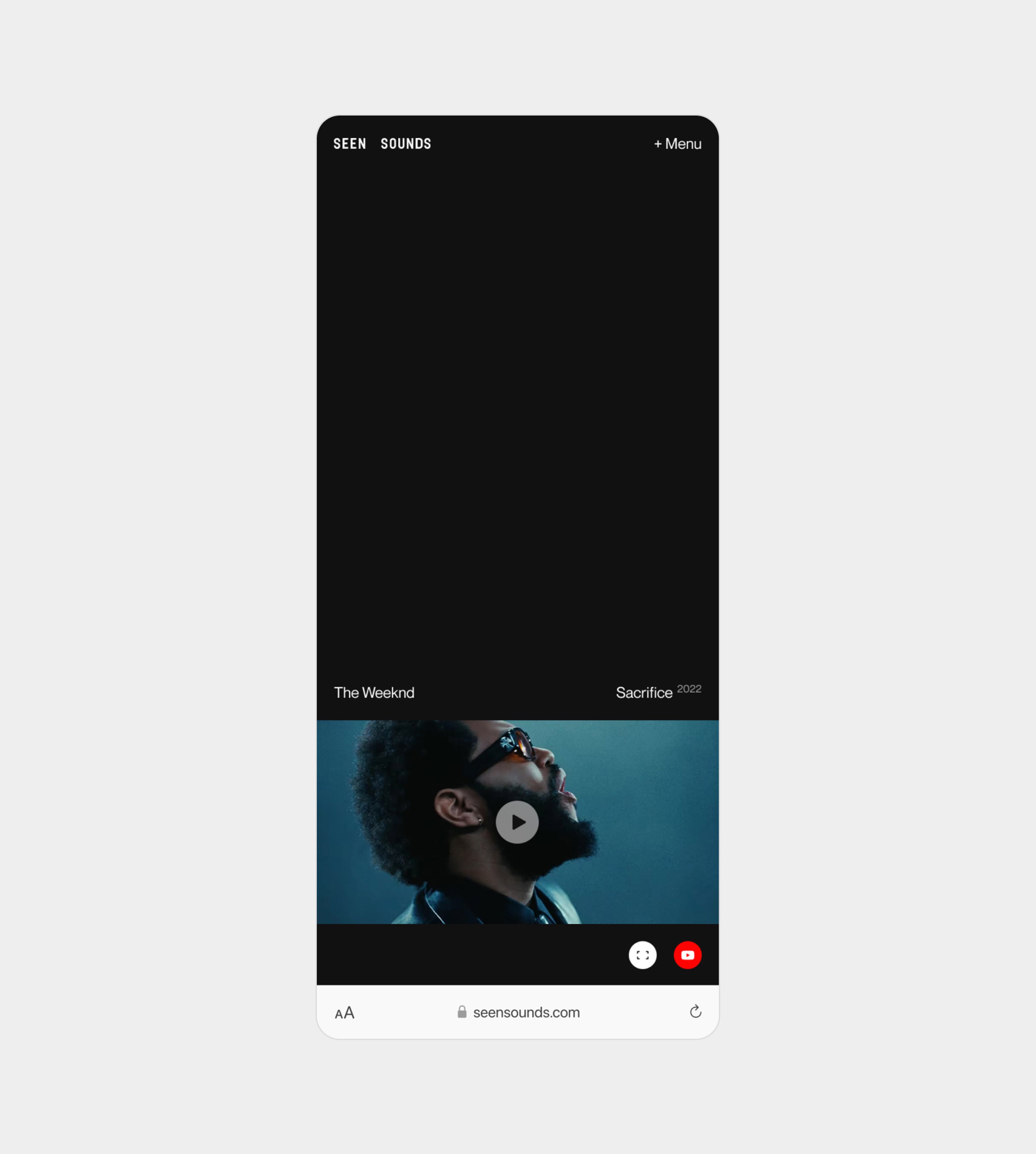 Image of mobile version of Seen Sounds music video page showing The Weeknd's video for "Sacrifice". 