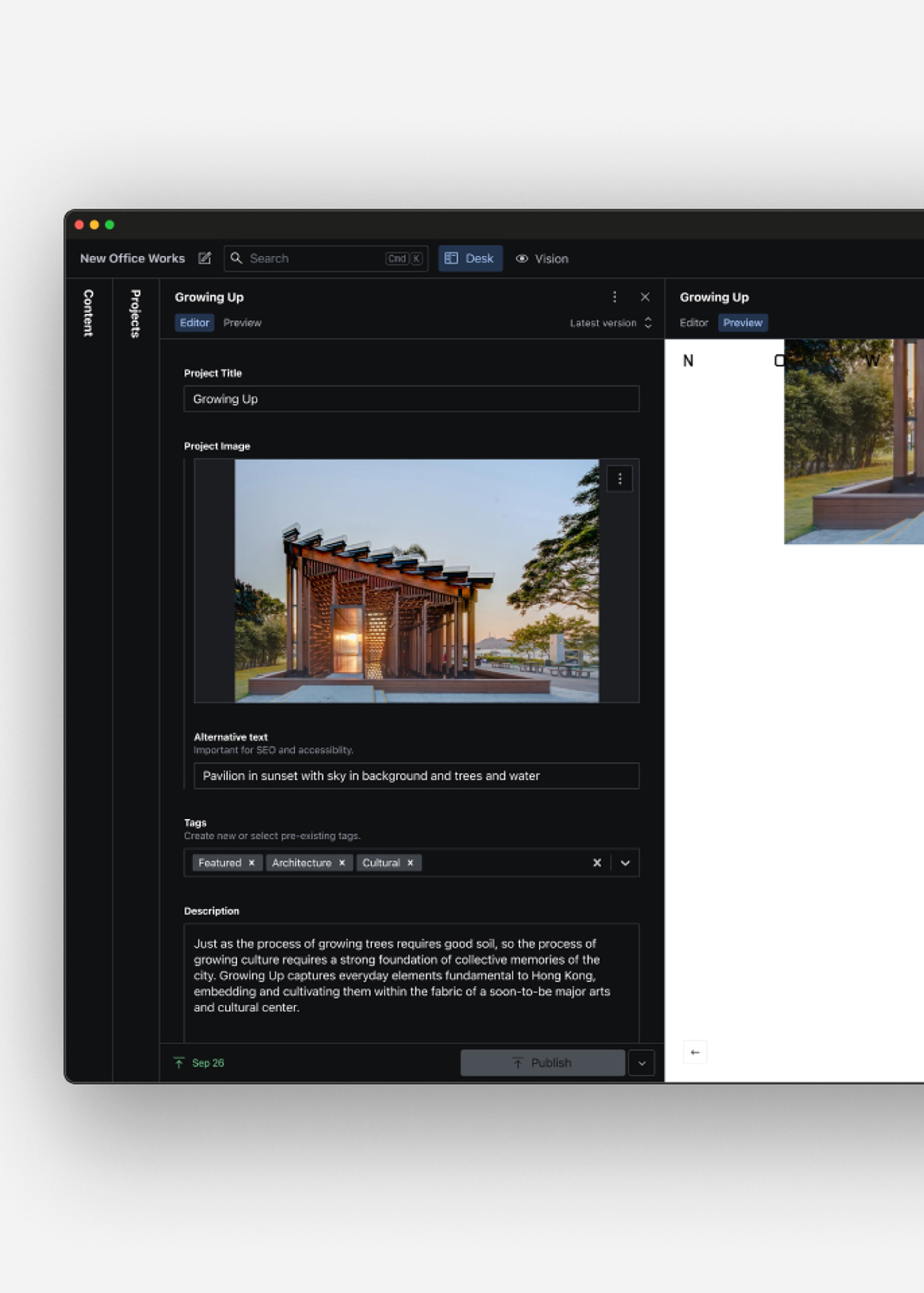 Screenshot of NOW's backend content management system which uses Sanity